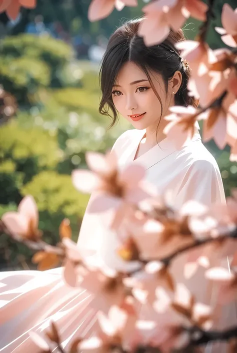 ((Real Photos, original photo), Sakura Goddess ,From above, surrounded by natural light的女子精致肖像,smiling with cherry blossom branches,Wrapping Pink Petals, elegant hairstyle, Exquisite Expression ,Wrapping ,surrounded by natural light ,beautiful landscape ...