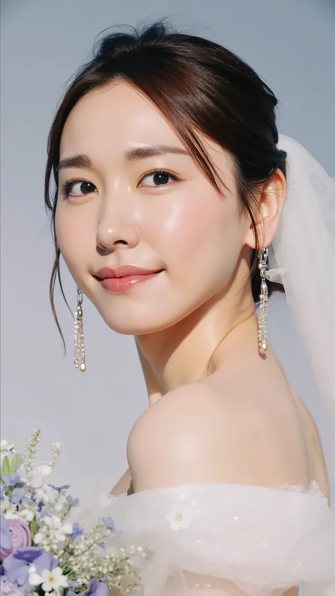 A close up of a woman in a wedding dress holding a bouquet, gorgeous young korean woman, beautiful young korean woman, beautiful south korean woman, jaeyeon nam, 2 , 2 , jinyoung shin, very beautiful young woman, very beautiful girl, 2 , korean girl, wenfe...