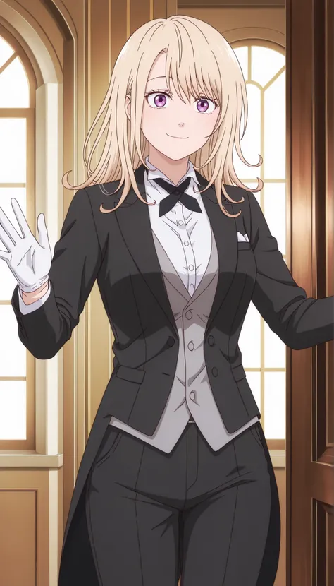 masterpiece, best quality, amazing quality, very aesthetic, absurdres, photorealistic, 1girl, solo,kawaimona, blonde hair, long hair, purple eyes, anime coloring, tuxedo tailcoat, butler, pants ,, woman in a formal suit,she's looking at the camera with a c...
