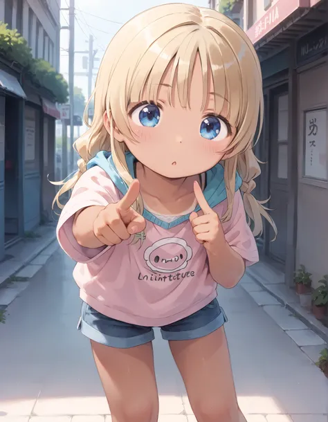 (masterpiece, best quality, ultra detailed, 8k, 4k, hires, absurdres:1.4),(loli,little,ultra cute kawaii:1.4),safe,1 girl,(tanned skin,blonde hair, blue eyes:1.2),(Suntanned skin)
,^^^,:o,pointing at self,tilt head