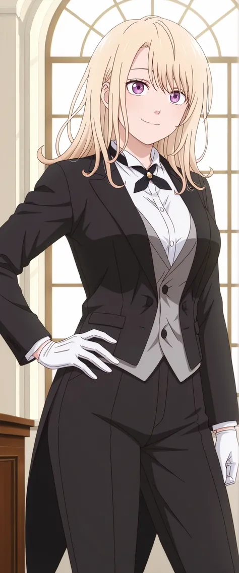 masterpiece, best quality, amazing quality, very aesthetic, absurdres, photorealistic, 1girl, solo,kawaimona, blonde hair, long hair, purple eyes, anime coloring, tuxedo tailcoat, butler, pants ,, woman in a formal suit,she's looking at the camera with a c...