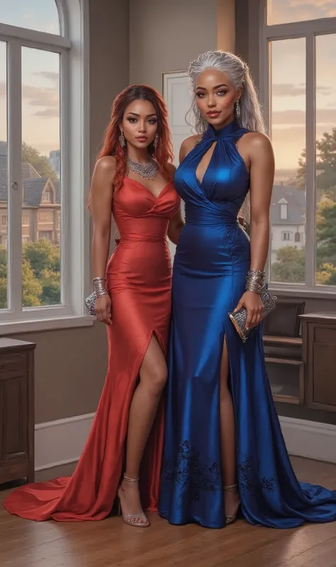 Two age  best friends wearing Elegant silk prom gown captured in a stylish indoor setting. The ager on the left is dark brown skinned with light brown eyes and long lashes, she have on a Gown Collar Cowl Satin Red Plum Rose silk gown, complemented by a sil...
