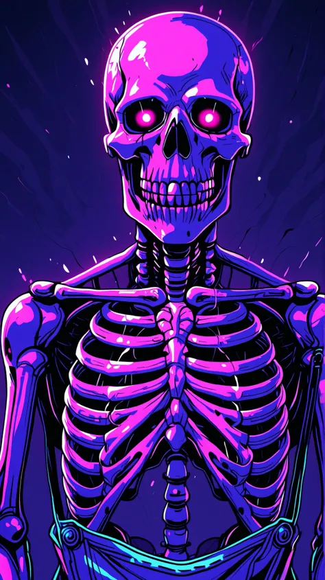 A repeating pattern of skulls in vibrant neon colors, predominantly purple and lime green. The skulls are various shades of deep purple and lime green, creating a glowing effect. Each skull is detailed, showing bone structure and teeth. They are densely...