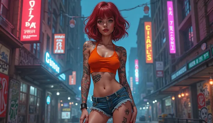 Velma Dinkley with urban clothes and tattoos and beautiful body with short shorts