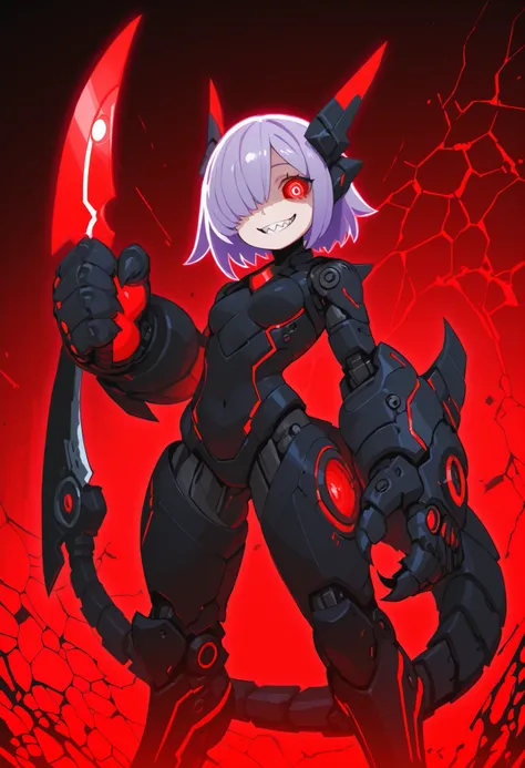 Mechanical weapon girl. Lavender hair. One eye covered. Glowing red eyes. Sleepy eyes. Smiling. Black and red image colors. Sci-fi style. Mechanical tail. Blade on the tip of the tail. Mechanical hands. Big hands. Sharp claws. Biological machine. Cracked b...