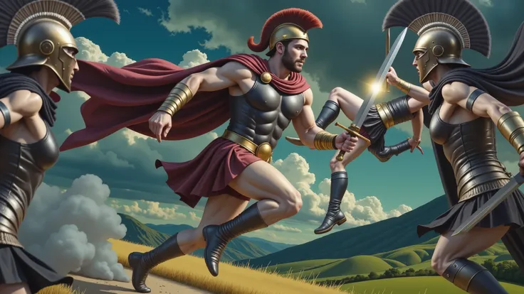 Theseus, the Greek hero, is running furiously with a gleaming Greek sword in hand. He is wearing brown armor, a red cape flowing behind him, and a golden helmet adorned with a red mane. His expression is fierce and determined, embodying heroic intensity. T...