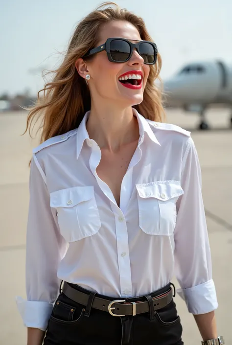white glamour ladies, pilot sunglasses, in a white deep-necked pilot shirt, white screaming ladies, laughing with her mouth open, red lipstick accentuating her smile,belt on waist, big wide hips, chest are fully grown, pilot sunglasses, white skin, HD, enj...
