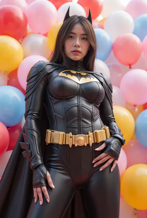 busty curvy super muscular korean female wearing batman rubber suit surrounded by balloons