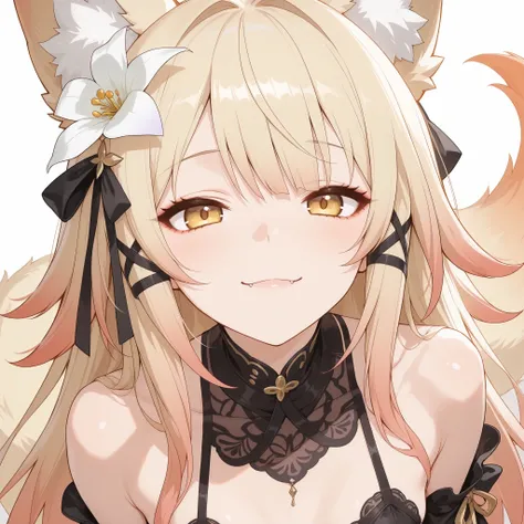 Fox girl, pale blonde hair, Renard, Fox tail, collar, Beautiful, Long Hair, rosy gradient on hair, cat eyeliner, Golden Eyes, small breasts, garter, black lace dress, cheeky, hair ribbon, white lily on hair, alluring, close up face focus, teasing, playful,...