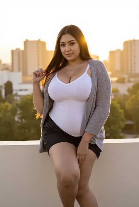MODEL DESCRIPTION: A Latina Woman with Long Brown Hair. This model has brown skin and large – sized breasts.
Outfit: Gray Sweater and Black Mini Skirt
Outfit: Tight white tank top and denim shorts
Pose: Sitting on a sunlit balcony rail, one hand in her hai...