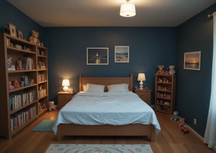 ((masterpiece, best quality, background)), plain girl's room, bed, deck, toys, shelf, dark, nighttime, dim light