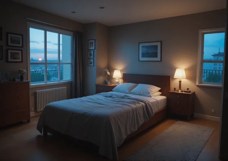 ((masterpiece, best quality, background)), adult bedroom, bed, deck, neo lights, dark, nighttime, dim light, empty room