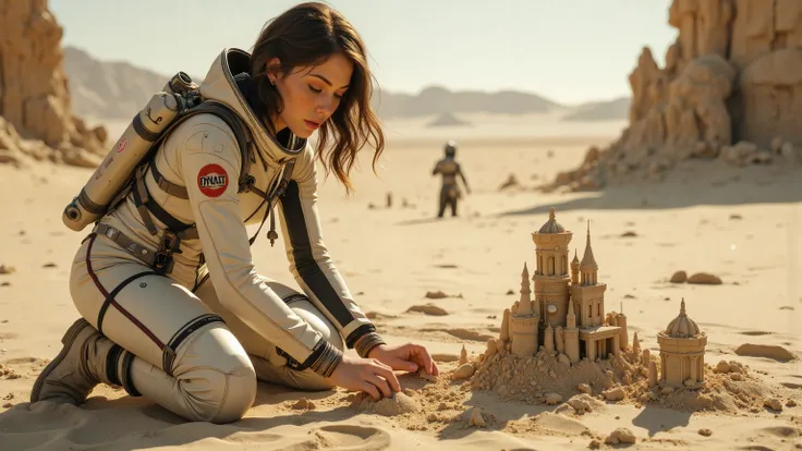 A young woman in a futuristic space suit, kneeling on a sandy planet, building intricate sandcastles with a serene expression. The scene is framed mid-shot, with the vast, barren landscape of the planet in the background. Soft, diffused lighting highlights...