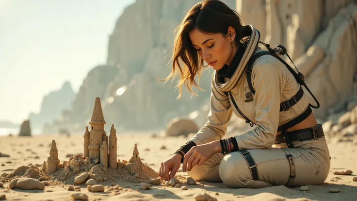 A young woman in a futuristic space suit, kneeling on a sandy planet, building intricate sandcastles with a serene expression. The scene is framed mid-shot, with the vast, barren landscape of the planet in the background. Soft, diffused lighting highlights...