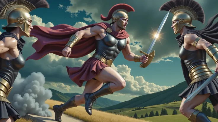 Theseus, the Greek hero, is running furiously with a gleaming Greek sword in hand. He is wearing brown armor, a red cape flowing behind him, and a golden helmet adorned with a red mane. His expression is fierce and determined, embodying heroic intensity. T...