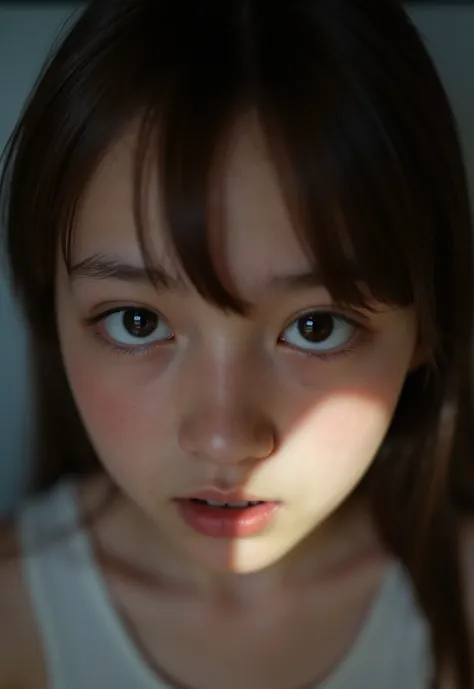( masterpiece , best quality :1.2), 1 girl, alone,pen_shadow, face close-up, [Frightened, surprised, the strange gaze of a girl in love、sad 、From the above, look at viewers, pen_shadow on face, Against the Light