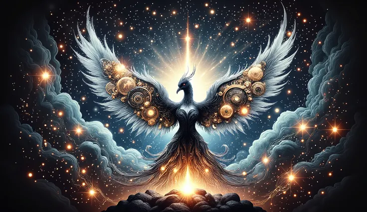 A majestic clockwork phoenix rises from the ashes of a dying star, its feathers adorned with intricate gears and glowing bioluminescent patterns. The surrounding space is filled with mechanical stars and other strange, fantastical creatures. The scene is s...