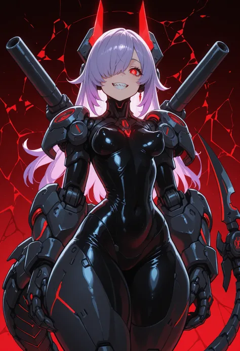Mechanical weapon girl. Lavender hair. One eye covered. Glowing red eyes. Sleepy eyes. Smiling. Latex covering the chin and cheeks. Black and red image colors. Sci-fi style. Perky breasts. Thick thighs. Slim waist. Mechanical tail. Blade on the tail. Mecha...