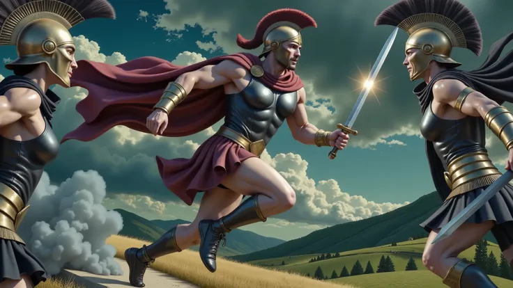 Theseus, the Greek hero, is running furiously with a gleaming Greek sword in hand. He is wearing brown armor, a red cape flowing behind him, and a golden helmet adorned with a red mane. His expression is fierce and determined, embodying heroic intensity. T...
