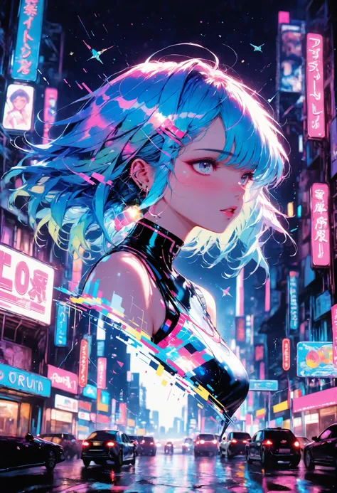 vaporwave, retro futuristic scene, synthwave cityscape, neon lights, glitch art, retrowave, outrun, 80s aesthetic, cyberpunk, retrofuturism, holographic effects, digital art, 3D render, hyperrealistic, dramatic lighting, moody atmosphere, vibrant colors, i...