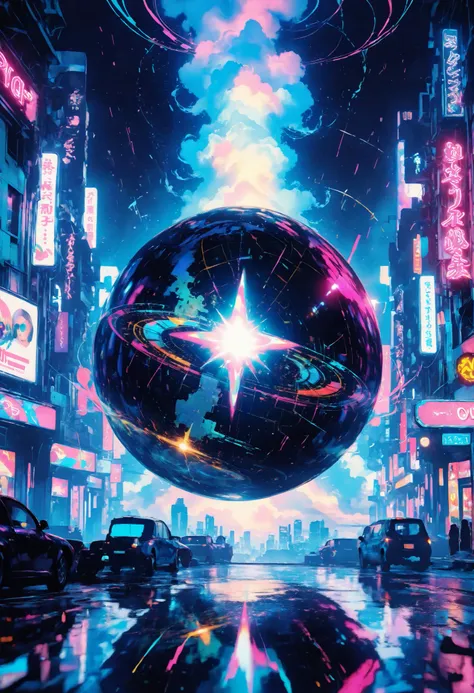 vaporwave, retro futuristic scene, synthwave cityscape, neon lights, glitch art, retrowave, outrun, 80s aesthetic, cyberpunk, retrofuturism, holographic effects, digital art, 3D render, hyperrealistic, dramatic lighting, moody atmosphere, vibrant colors, i...