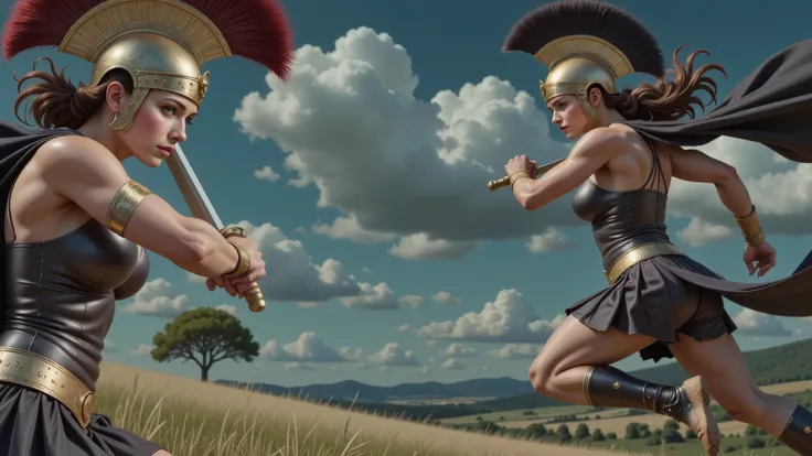 Greek Amazons, with their backs turned to the observer. Each wields a sword, grasped firmly in one hand. They are clad in black Greek leather armor with bronze cups covering their chests, showcasing intricate detail. Their bronze helmets are adorned with b...