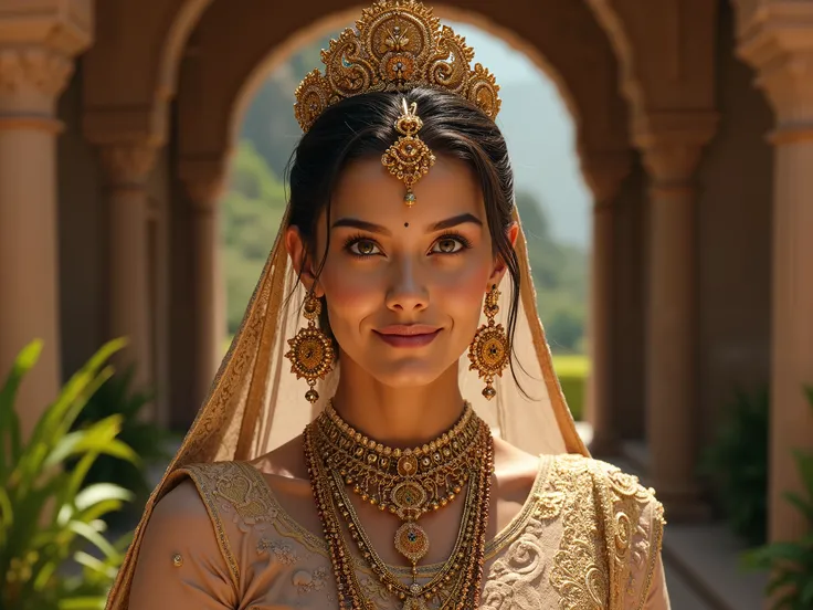 Indian Queen, traditional Indian clothes. Very beautiful. Gentle smile. 