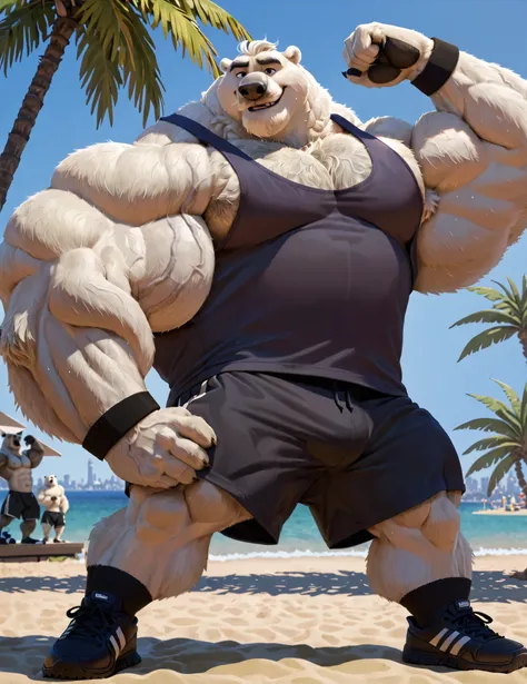 huge muscular polar bear in muscle beach, big Lou Ferrigno flex-like, grunting noise, polar bear, huge thick white fur, thick arm, huge arm, thick neck, added thick moustache and thick beard, Short white hair, (veiny muscular, veiny pectoral, wide pectora...