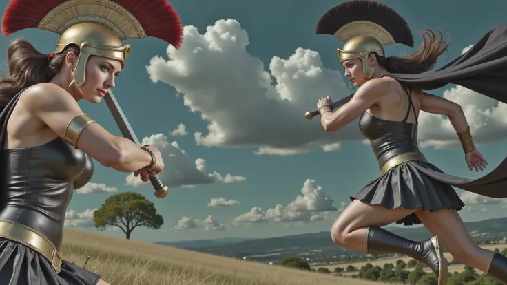 Greek Amazons, with their backs turned to the observer. Each wields a sword, grasped firmly in one hand. They are clad in black Greek leather armor with bronze cups covering their chests, showcasing intricate detail. Their bronze helmets are adorned with b...