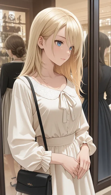 ((top quality)), ((masterpiece)), ( details), perfect face, A 28-year-old French fashion model with straight, shoulder-length blonde hair and blue eyes, standing inside a store window display as a living mannequin. She is wearing the latest Spring/Summer c...