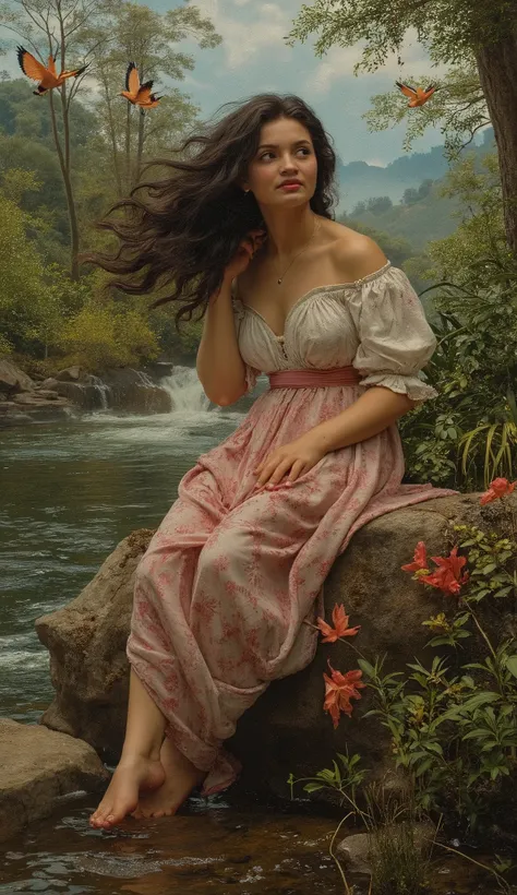 Exquisite oil painting in the style of the painter Rubens. Subject: A 35-year-old Italian woman sits serenely on a rock by a river surrounded by lush vegetation, while a strong wind embraces her. The work is rendered in great detail, where her dark, wavy h...