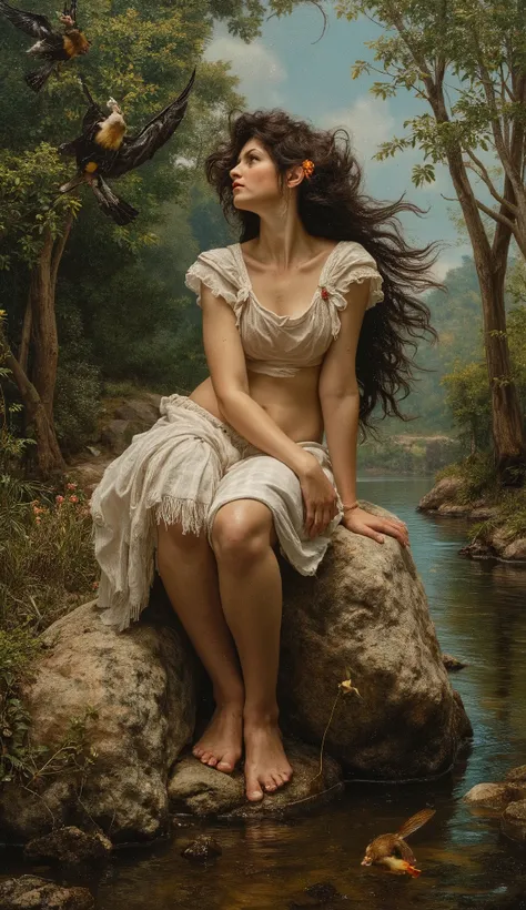 Exquisite oil painting in the style of the painter Rubens. Subject: A 35-year-old Italian woman sits serenely on a rock by a river surrounded by lush vegetation, while a strong wind embraces her. The work is rendered in great detail, where her dark, wavy h...