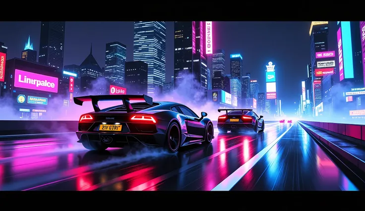 Vaporwave Art, City, Sports Cars, neon, retro future, Glitch Effects, highway, bright colors, 80s Inspiration, dark atmosphere, Synthwave Effects, Cityの風景, Rainy Streets Reflections, Night Setting , Stylized Fantasy, City lights, Smoke and Mist , Technolog...