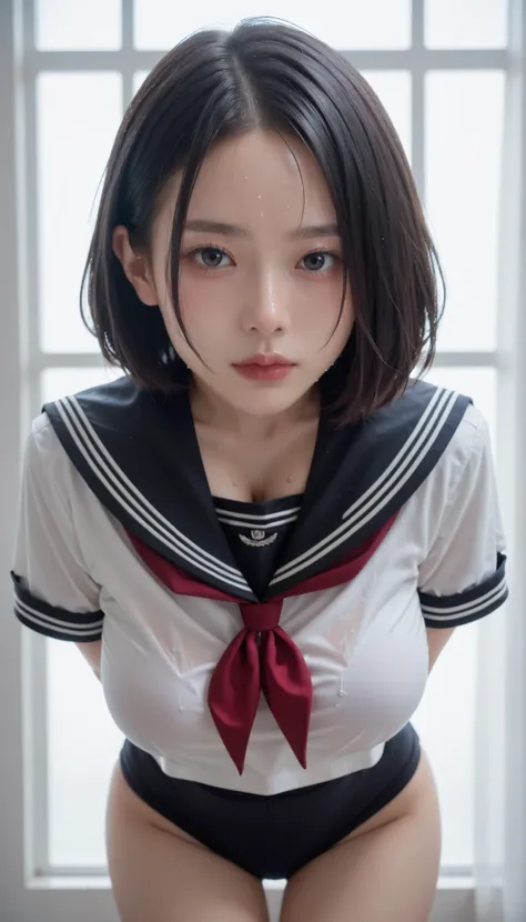 score_9,score_8_up,score_7_up,ultra detailed,absolutely resolution, detailed beautiful face and eyes,Black hair,short hair forehead,Black sailor uniform,Black short sleeve,sweaty skin,leaning forward,large breast,arms behind back,large breast,from pov,look...