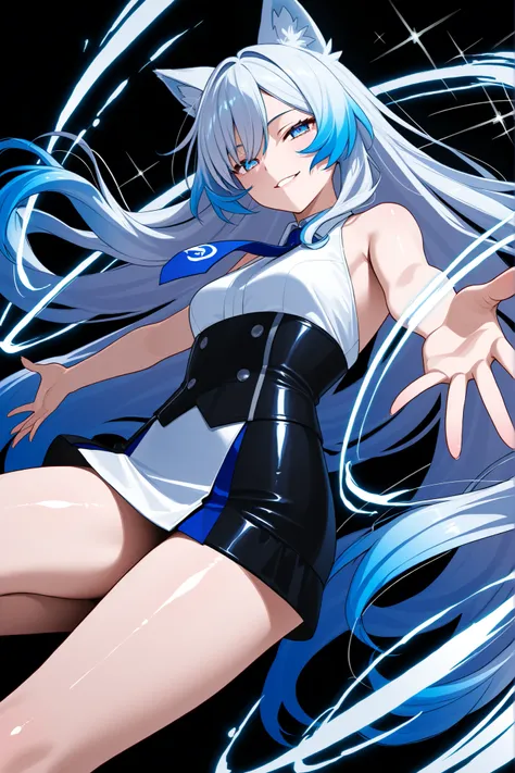 woman、long wave hair、silver color hair、Mini skirt、bare shoulders、shiny skin
、transparent_background、boyish、seductive smile、A Dutch angle、slender、wolf ears、tie、sleek hai、with blue highlights in the eyes、performing a spinning jump with both arms outstretched
