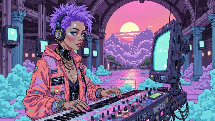 A high-resolution digital painting of a **cyberpunk DJ with a bold purple mohawk and radiant charisma**, performing live on a **vaporwave underground music stage**, her hands dancing over a **retro-futuristic synthesizer keyboard**. She wears a **vaporwave...