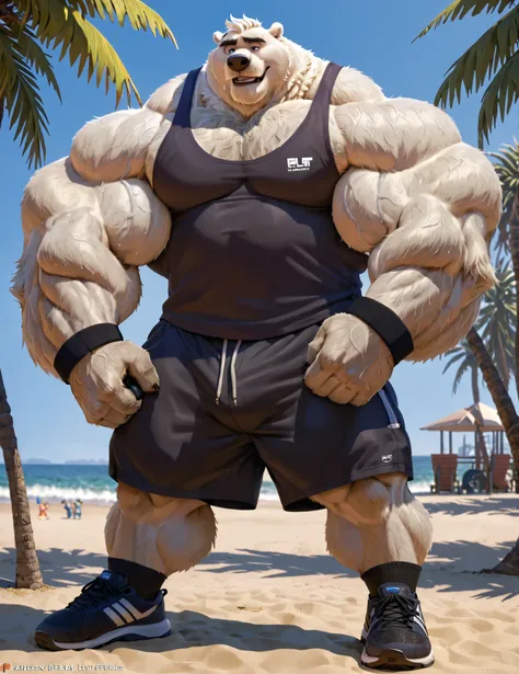 huge muscular polar bear in muscle beach, big Lou Ferrigno flex-like, grunting noise, polar bear, huge thick white fur, thick arm, huge arm, thick neck, added thick moustache and thick beard, Short white hair, (veiny muscular, veiny pectoral, wide pectora...