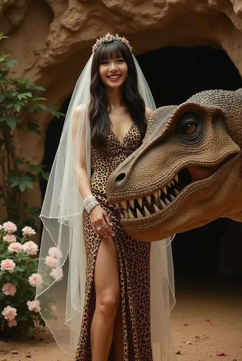 Create a portrait of a stunning Japanese female singer at a formal wedding. She has a slim figure, small breasts, and slender legs, with long hair and bangs. She is wearing a Paleolithic-style leopard print mini wedding dress, complete with a wedding veil ...