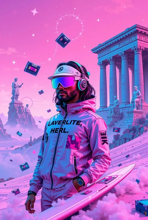Fantasy vaporwave-inspired character design in a surreal digital landscape. The figure is a bold adventurer styled in retro-futuristic attire: a glowing neon visor covers their eyes, reflecting glitchy text effects. Their jacket, emblazoned with abstract s...