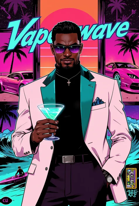 A cinematic, bold, and dynamic vaporwave illustration in the style of classic GTA Vice City game covers, featuring a vibrant collage of retro-futuristic scenes divided into sharply defined neon-bordered panels.  Central panel showcases a suave, 30-somethin...