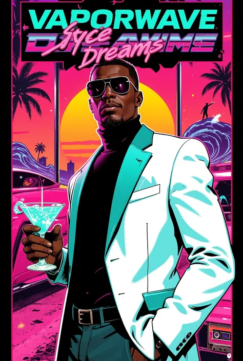 A cinematic, bold, and dynamic vaporwave illustration in the style of classic GTA Vice City game covers, featuring a vibrant collage of retro-futuristic scenes divided into sharply defined neon-bordered panels.  Central panel showcases a suave, 30-somethin...