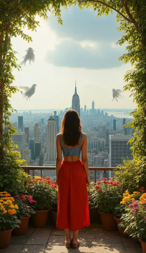 highdefinition images、New York cityscape、Views from the roof of a building、One woman in red clothes in denim、 Flowers and trees々The beautiful city of、Mysterious beings hidden in tree branches and mysterious colors of Central Park、 8k、 ( High quality summe...