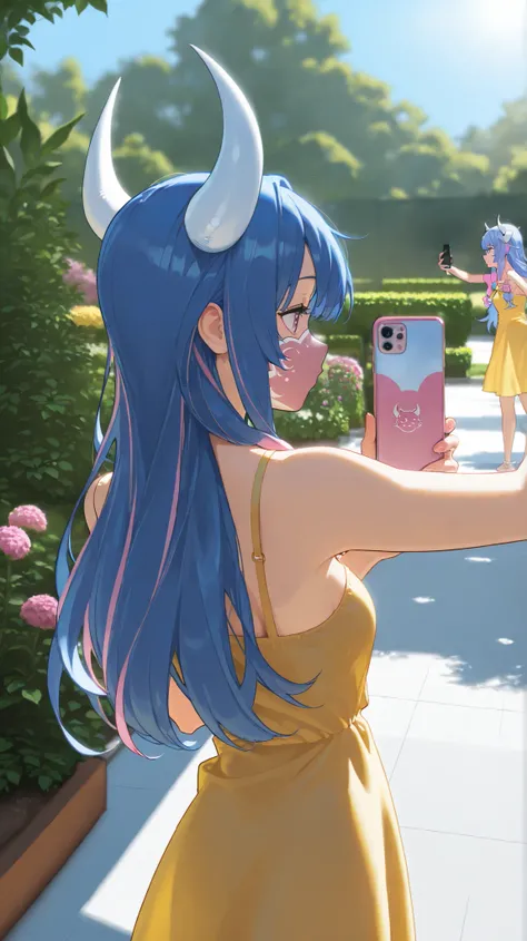 ult1, masterpiece, best quality, absurdres, UltiOP, mask, long hair, (profile view), (taking a selfie), (yellow sundress), garden, day, sunshine, looking at camera, white horns, blue hair, pink locks, (holding smartphone), white horns, blue hair, pink lock...