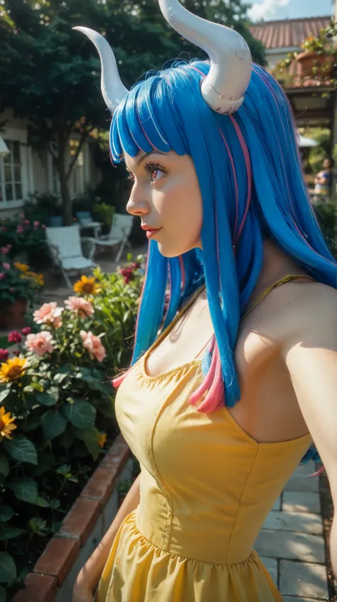 ult1,ult1, masterpiece, best quality, absurdres, UltiOP, mask, long hair, (profile view), (arm extended as if taking a selfie), (yellow sundress), garden, day, sunshine, looking at camera, white horns, blue hair, pink locks, white horns, blue hair, pink lo...