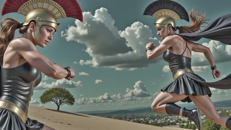 Greek Amazons. They wear black leather Greek armor with bronze cups covering their chests, displaying intricate detailing. Their bronze helmets are adorned with black crests, adding a sense of majesty and ferocity. Flowing black capes trail behind them, hi...