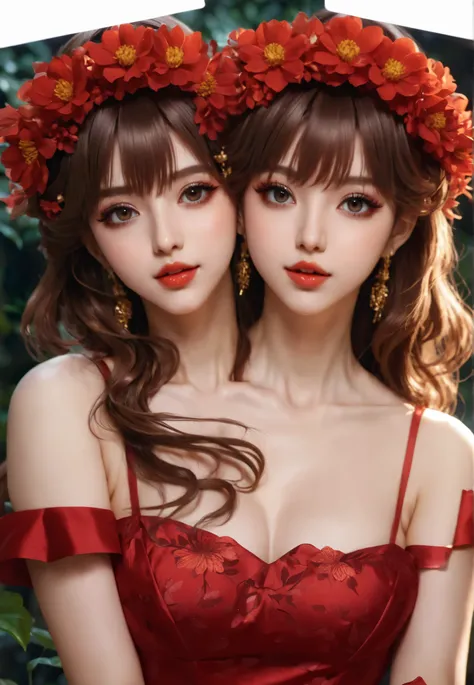 (masterpiece),(best quality:1.0), (ultra highres:1.0), (conjoined), (2heads:1.2), detailed illustration, 8k, anime, 1girl, beautiful anime girl, wearing a red dress, flower crown, pretty face, detailed face, beautiful eyes, detailed eyes, dark red eyes, br...