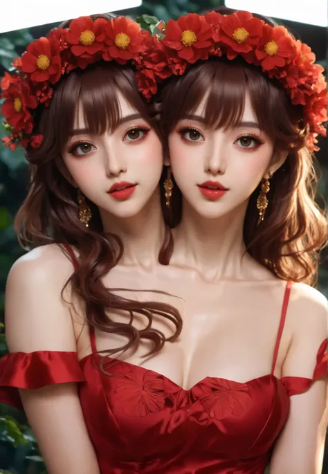(masterpiece),(best quality:1.0), (ultra highres:1.0), (conjoined), (2heads:1.2), detailed illustration, 8k, anime, 1girl, beautiful anime girl, wearing a red dress, flower crown, pretty face, detailed face, beautiful eyes, detailed eyes, dark red eyes, br...