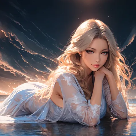 (best quality,4k,8k,highres,masterpiece:1.2),ultra-detailed, 1woman, Greek goddess Aphrodite, Blond hair, skimpy powder blue gown, seethru, on the sea shore, beautiful, alluring, in a seductive pose, looking at viewer, seductive eyes, drawn in the style of...