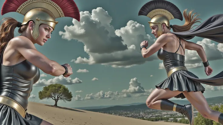 Greek Amazons. They wear black leather Greek armor with bronze cups covering their chests, displaying intricate detailing. Their bronze helmets are adorned with black crests, adding a sense of majesty and ferocity. Flowing black capes trail behind them, hi...