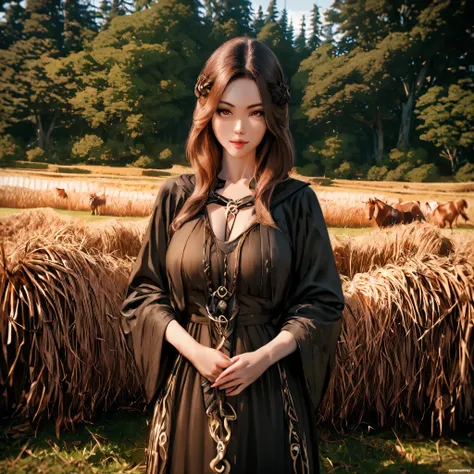 (best quality,4k,8k,highres,masterpiece:1.2),ultra-detailed, 1woman, Celtic goddess Epona, Chestnut brown hair, hazel eyes, druid gown, standing in a barnyard, motherly, posed gently, looking at viewer, seductive eyes, drawn in the style of Yoshitaka Amano...